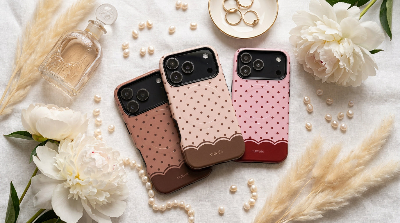 Cwaie Polka Dot MagSafe iPhone Cases Collection - Praline, Blush and Strawberry cute aesthetic phone cases on white linen
